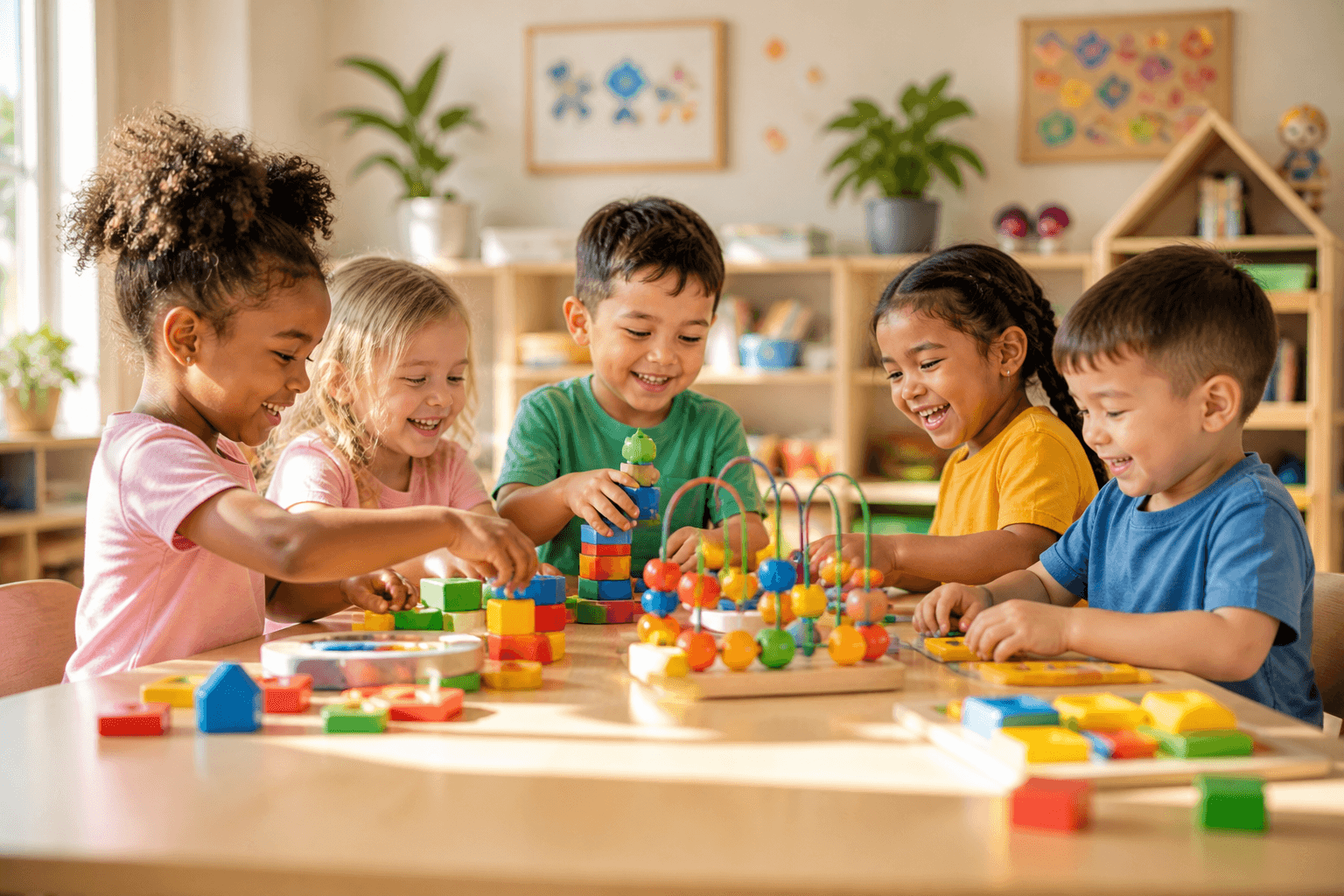 Children in a warm daycare classroom